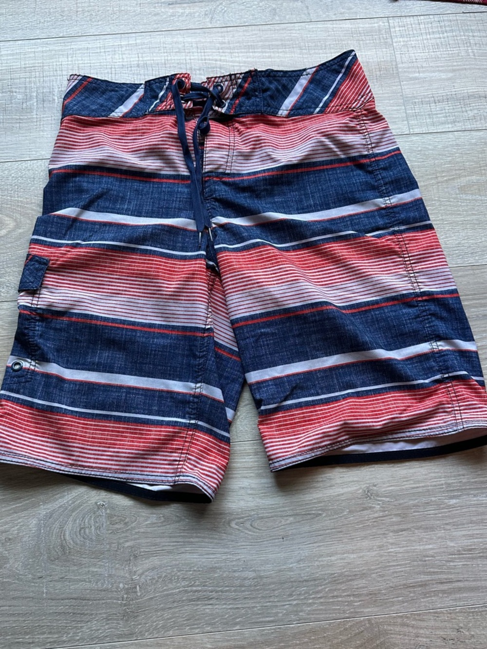 Mossimo Supply Co. Navy Blue & Coral Striped Swim Board Shorts